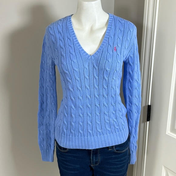 Ralph Lauren Sport Cable Knit Sweater Blue Vneck Pink Embroidered Pony Sz M - Picture 2 of 9